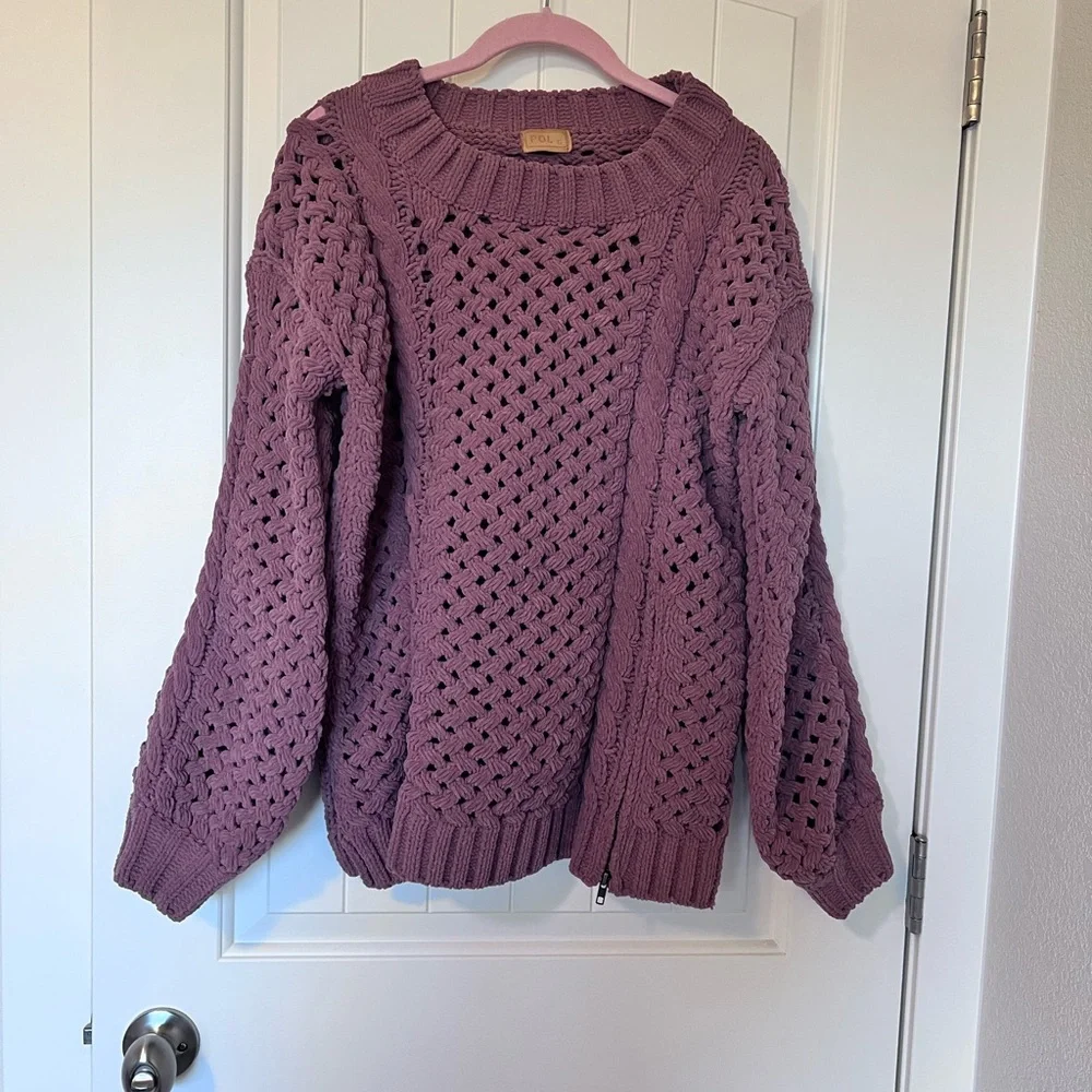 POL Chunky Open Weave Sweater Mauve tone Zipper Fun Detail Sz Small Leather Tag - Picture 7 of 7